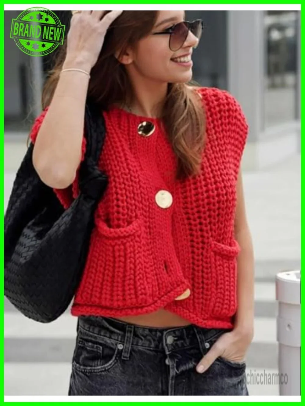 Sleeveless Crop Knit Cardigan Button Down Sweater Vest with Pockets